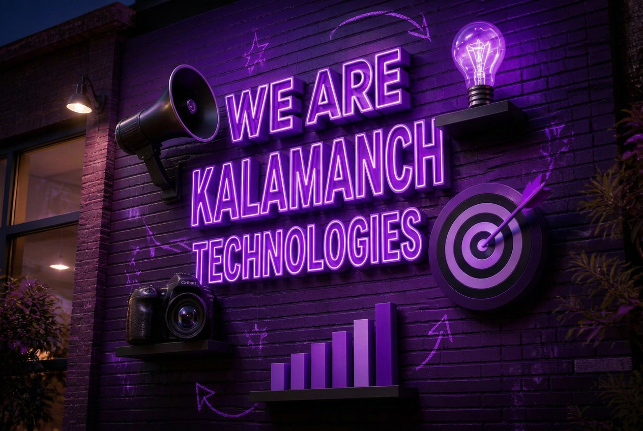 Purple neon Kalamanch Technologies wall sign
